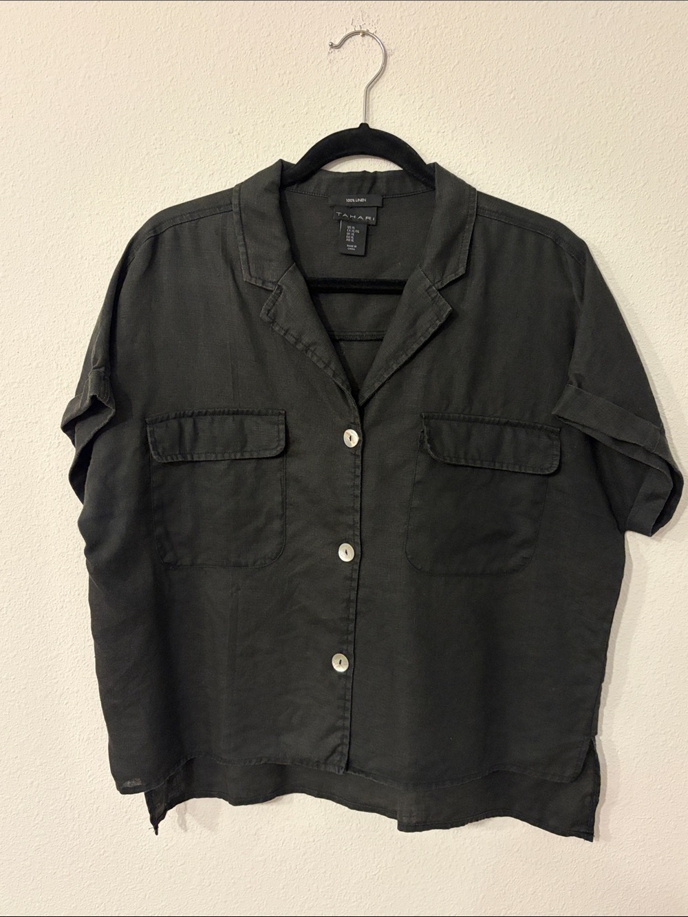 Tahari Black Short-Sleeve Button Front Camp Shirt